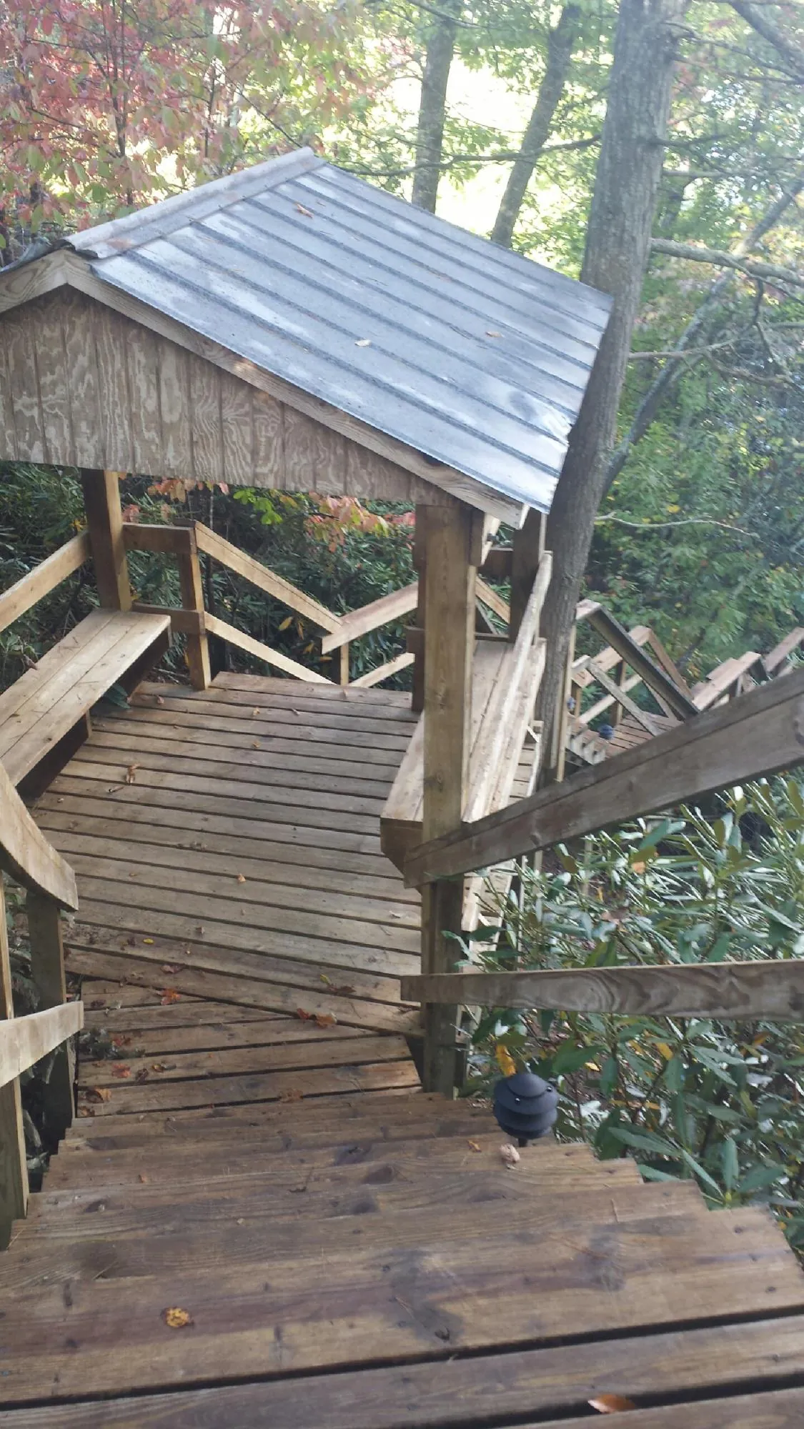 Metal roofed shelter over wooden steps on a wooded walkway — Skylight Repair & Installation work by our crew in Lafayette